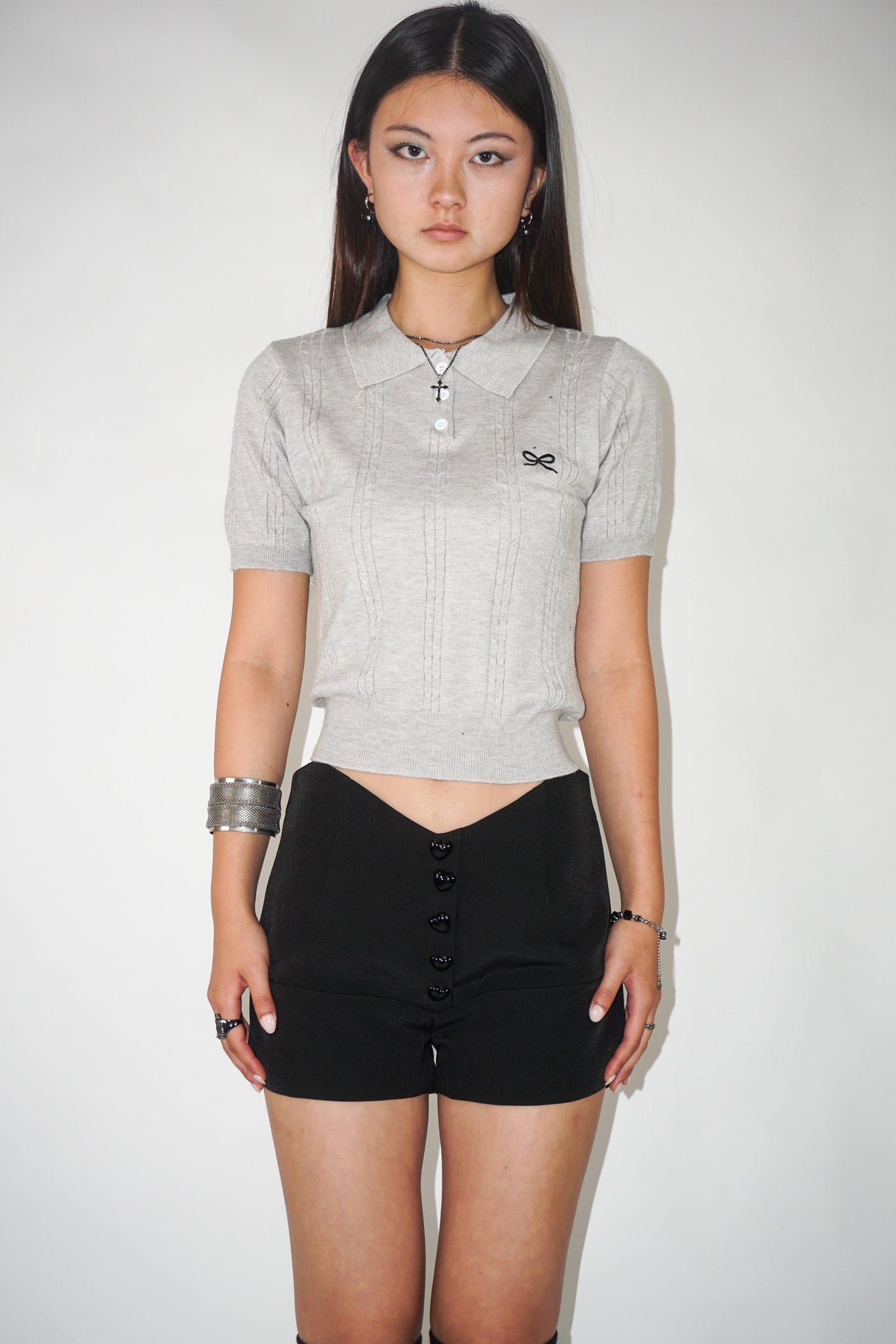 Bow Knit Short Sleeve Top – Light Grey