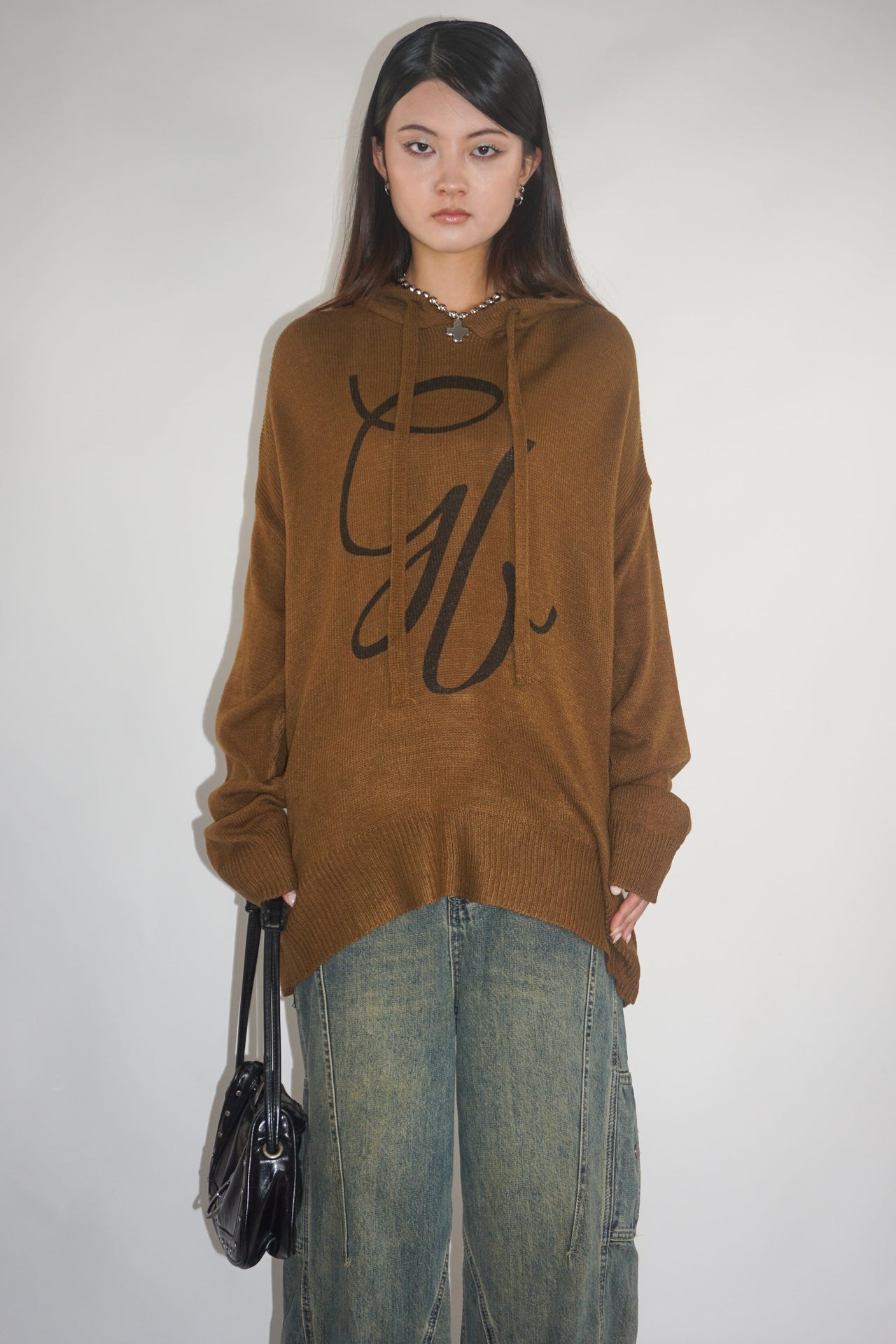 Cursive Knit Hoodie  – Brown