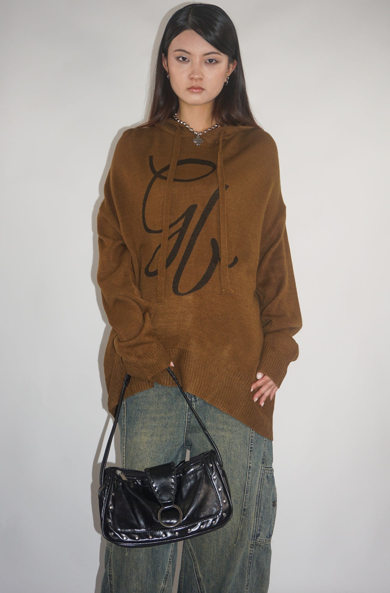 Cursive Knit Hoodie  – Brown